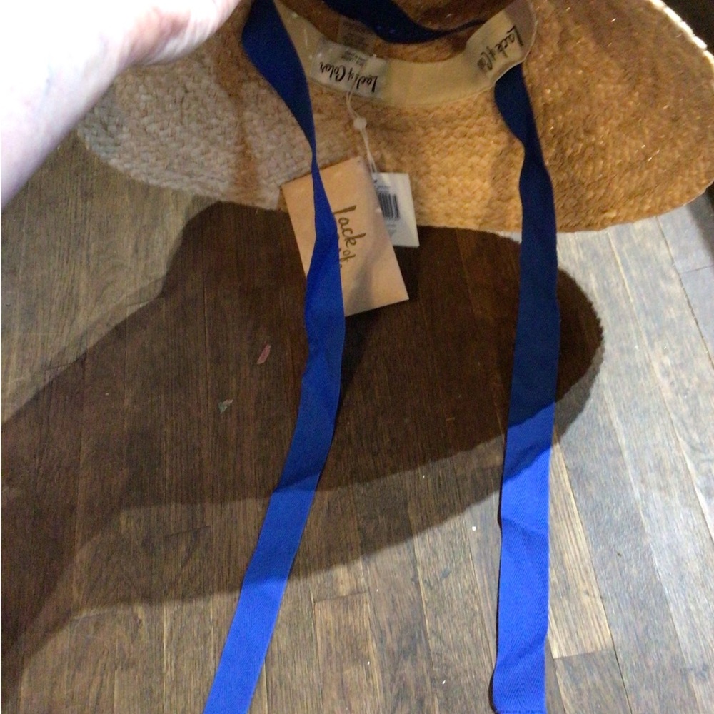 NEW! 1 left! Rare LOC Wide-Brim Straw Sun Hat with Blue Ribbon Tie - Picture 3 of 6
